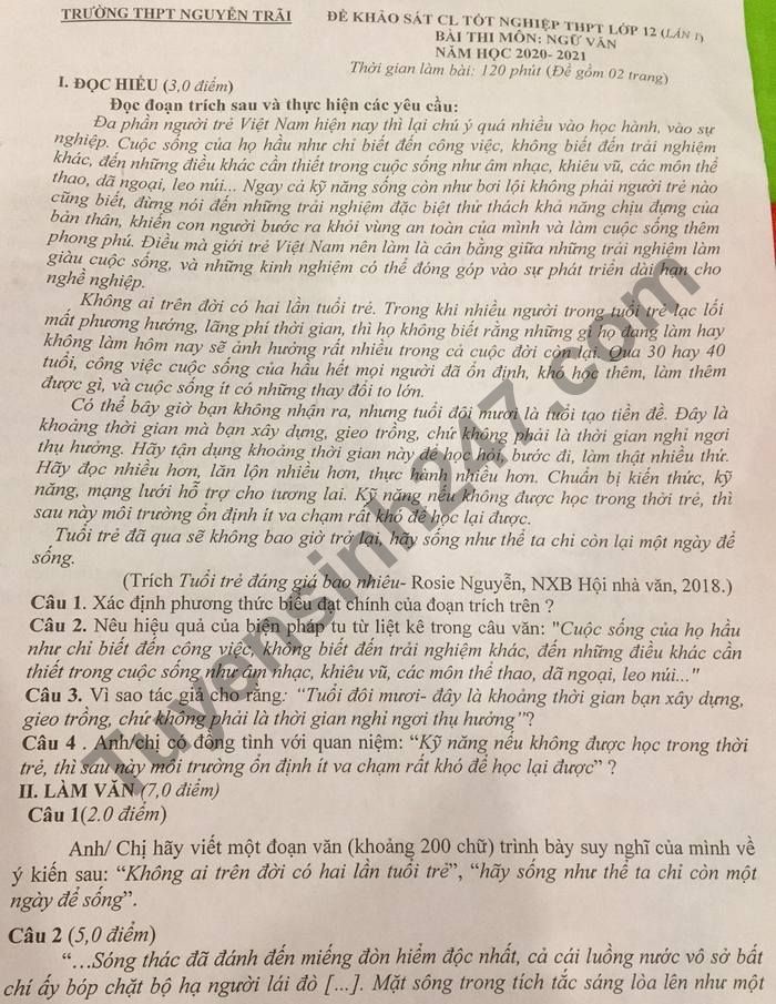 De thi KSCL tot nghiep THPT 2021 lan 1 mon Van THPT Nguyen Trai