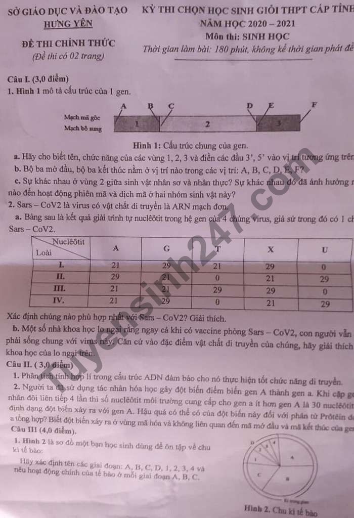 De thi chon HSG cap tinh lop 12 So GD Hung Yen mon Sinh 2020-2021