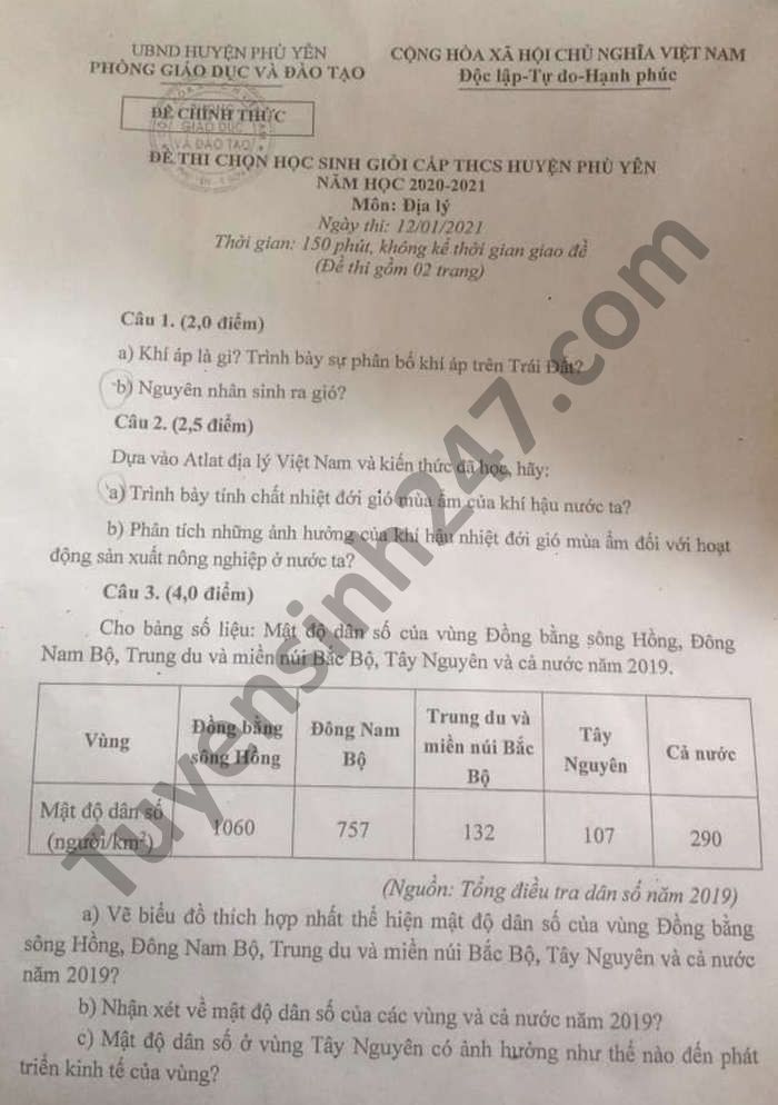 De thi chon HSG cap THCS huyen Phu Yen nam 2021 Dia lop 9