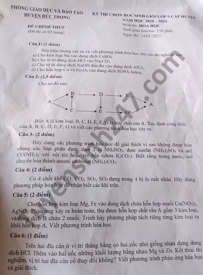 De thi chon HSG cap huyen mon Hoa lop 9 huyen Duc Trong 2021