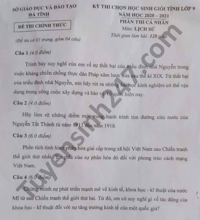 De thi chon HSG tinh Ha Tinh mon Su lop 9 nam hoc 2020 - 2021
