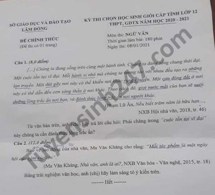 De thi chon HSG cap tinh mon Van lop 12 tinh Lam Dong nam 2021
