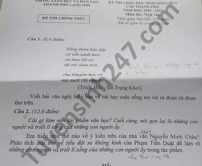 De thi chon hoc sinh gioi mon Van lop 9 TP Lang Son nam 2021