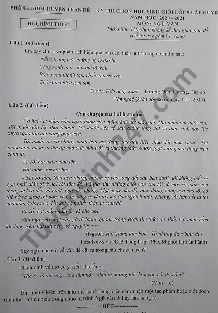 De thi chon hoc sinh gioi lop 9 cap huyen 2021 huyen Tran De mon Van