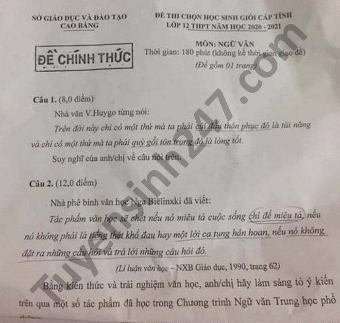 De thi chon hoc sinh gioi cap tinh lop 12 mon Van 2021 tinh Cao Bang