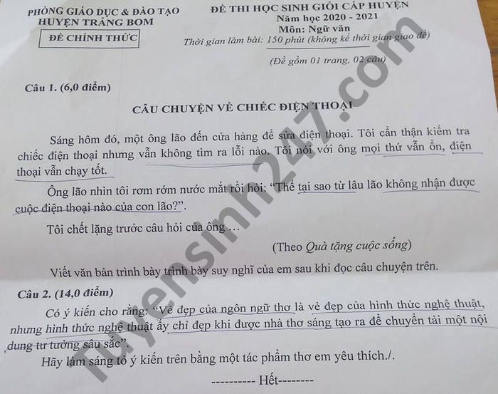 De thi hoc sinh gioi cap huyen 2021 mon Van huyen Trang Bom