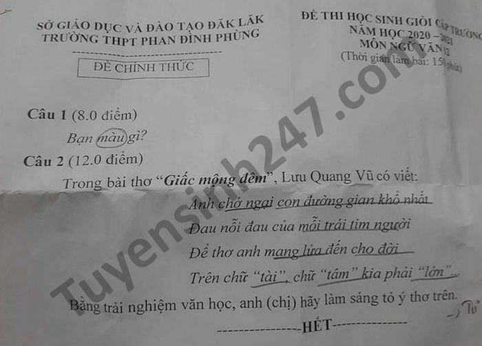 De thi hoc sinh gioi cap truong THPT Phan Dinh Phung Van 12 nam hoc 2020-2021