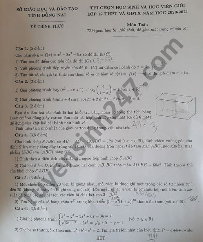 De thi chon hoc sinh gioi va hoc vien gioi 2021 tinh Dong Nai mon Toan 12