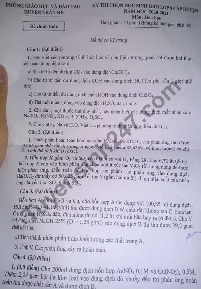 De thi chon hoc sinh gioi cap huyen lop 9 mon Hoa huyen Tran De 2021
