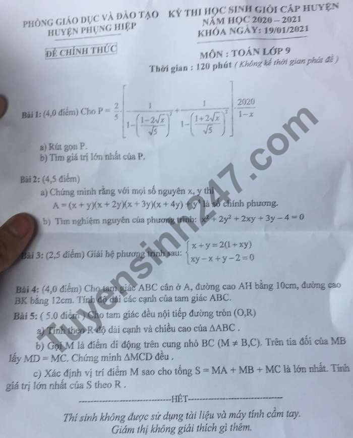 De thi hoc sinh gioi cap huyen lop 9 mon Toan huyen Phung Hiep 2021