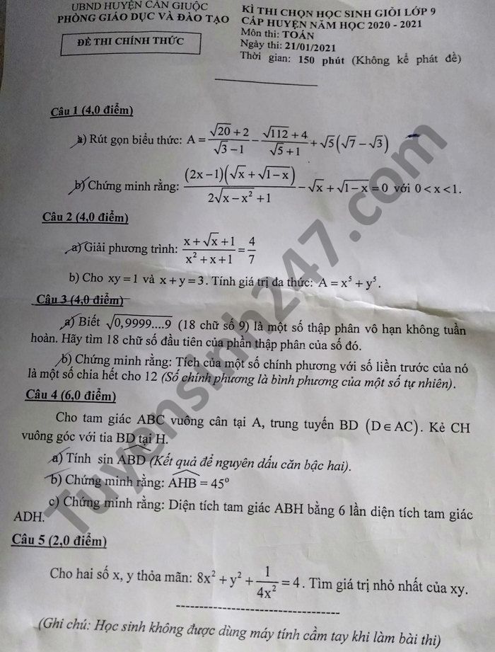 De thi chon hoc sinh gioi cap huyen lop 9 mon Toan huyen Can Giuoc 2021