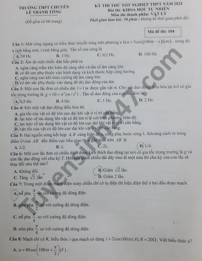 De thi thu tot nghiep THPT 2021 THPT chuyen Le Thanh Tong mon Ly