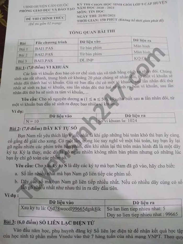 De thi chon hoc sinh gioi lop 9 cap huyen 2021 mon Tin huyen Can Giuoc
