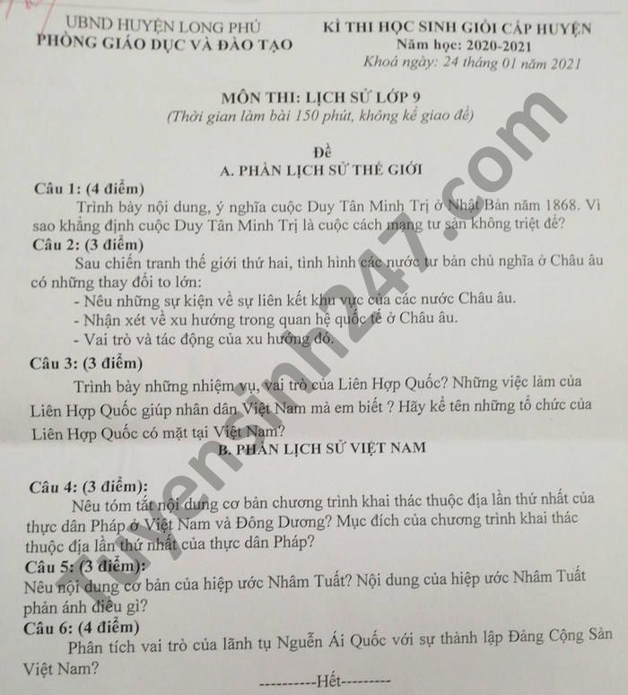 De thi chon hoc sinh gioi cap huyen mon Su lop 9 huyen Long Phu 2021
