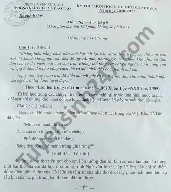 De thi chon hoc sinh gioi cap huyen 2021 Van lop 9 huyen Ke Sach