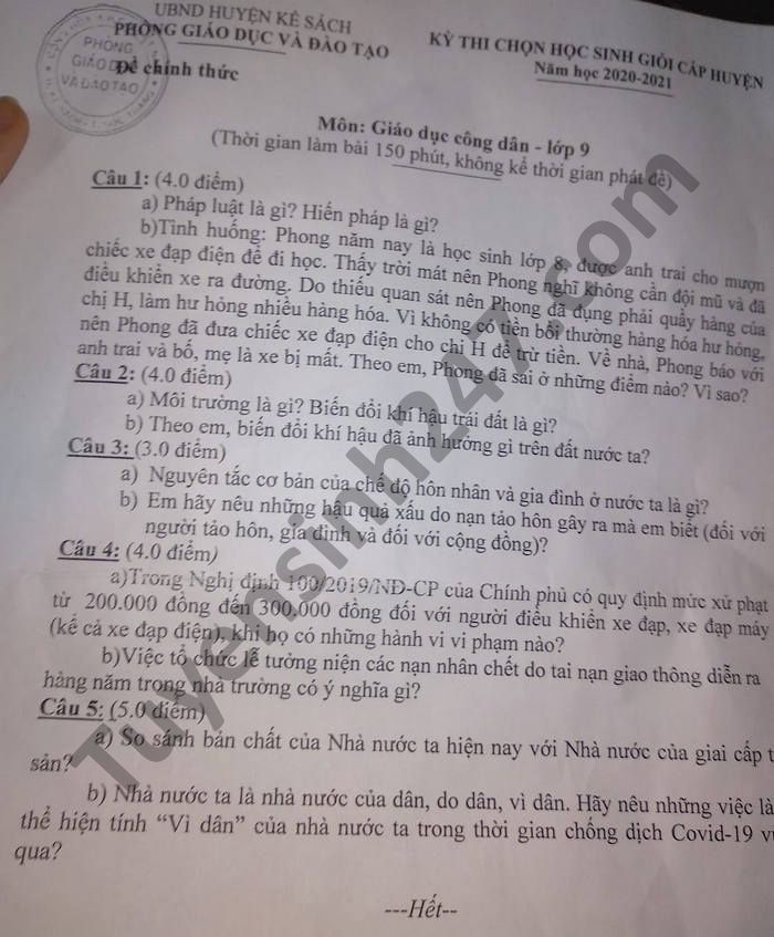 De thi chon hoc sinh gioi cap huyen mon GDCD lop 9 huyen Ke Sach
