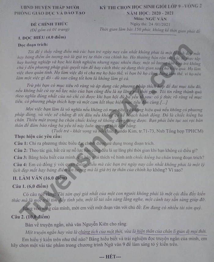 De thi chon hoc sinh gioi Van lop 9 - vong 2 huyen Thap Muoi 2021