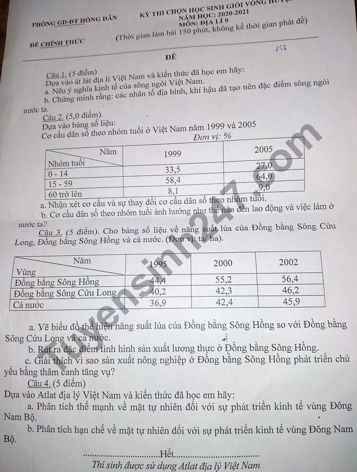 De thi chon hoc sinh gioi cap huyen mon Dia lop 9 Phong GD Hong Dan 2021