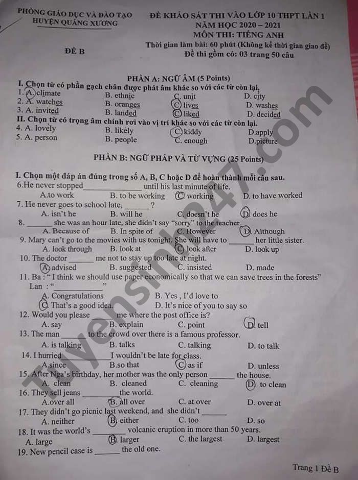 De thi khao sat vao lop 10 lan 1 huyen Quang Xuong mon Anh 2021