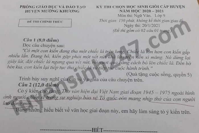 De thi chon hoc sinh gioi cap huyen 2021 huyen Muong Khuong mon Van lop 9
