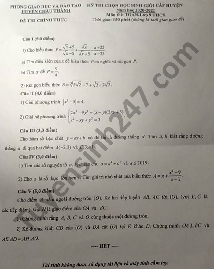 De thi chon hoc sinh gioi cap huyen mon Toan 9 - Chau Thanh 2021