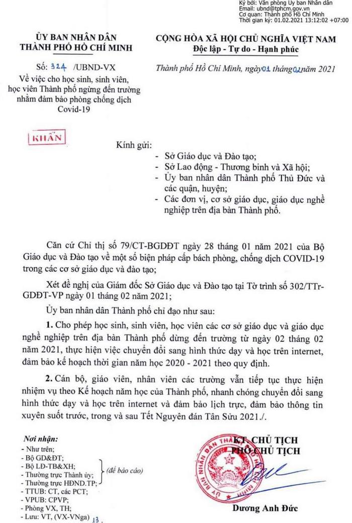 TP.HCM cho hoc sinh nghi hoc tu ngay 2/2 de tranh dich