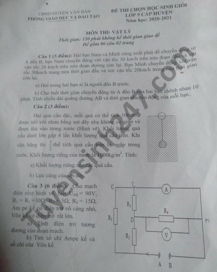 De thi hoc sinh sinh gioi cap huyen mon Ly lop 9 2021 huyen Van Ban