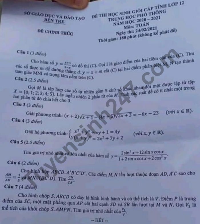 De thi hoc sinh gioi tinh Ben Tre mon Toan lop 12 nam 2020 - 2021