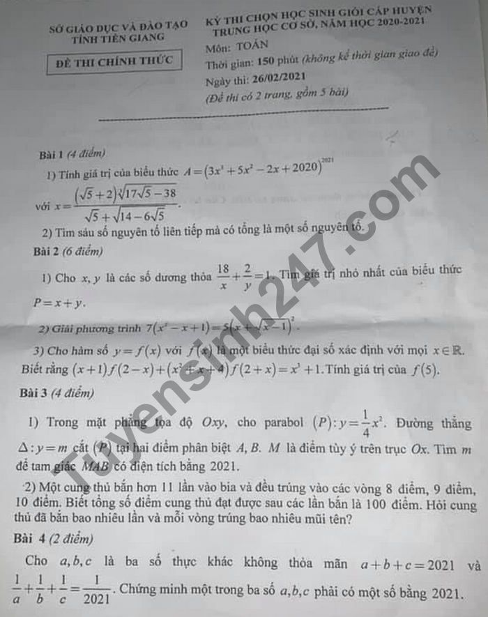 De thi chon hoc sinh gioi huyen mon Toan THCS 2021 tinh Tien Giang