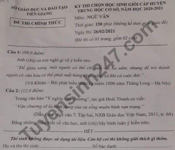De thi chon HSG cap huyen THCS mon Van - So GD Tien Giang 2021