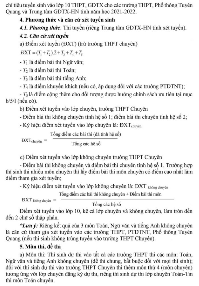 Thong tin tuyen sinh vao lop 10 Tuyen Quang 2021
