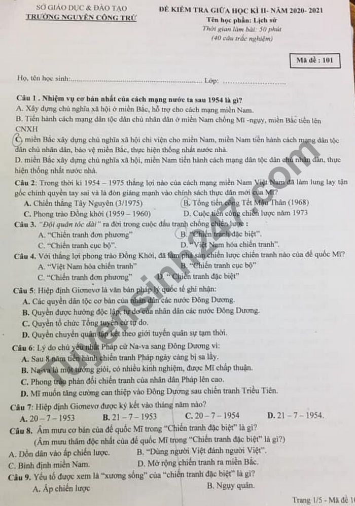 De thi giua ki 2 nam 2021 THPT Nguyen Cong Tru lop 12 mon Su