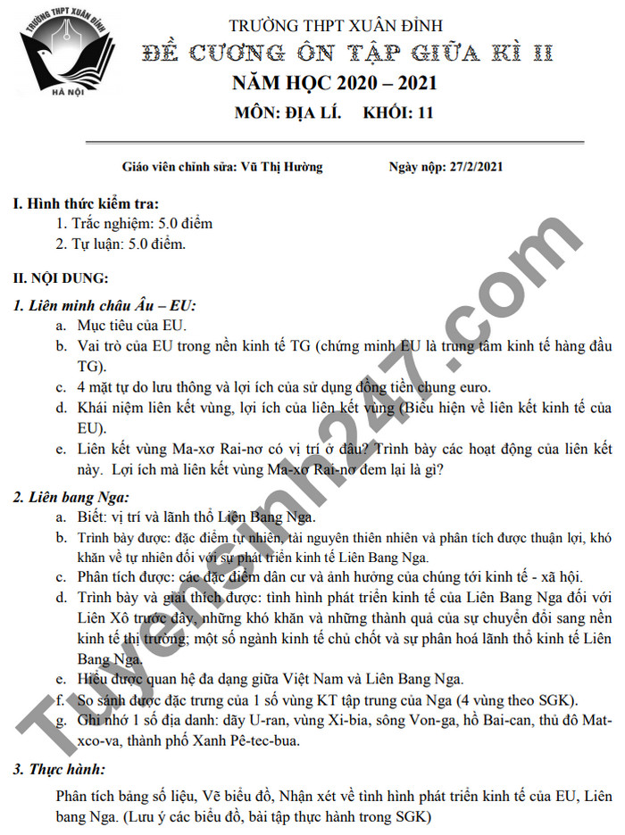 De cuong on tap giua ki 2 nam 2021 THPT Xuan Dinh mon Dia 11