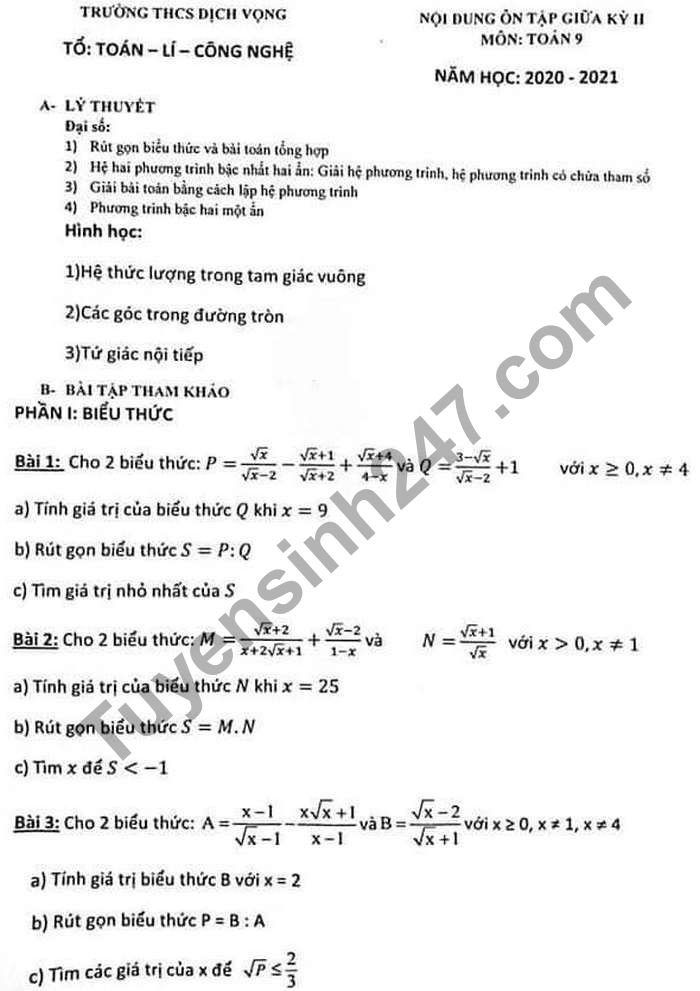 De cuong on tap giua ki 2 lop 9 mon Toan - THCS Dich Vong 2021