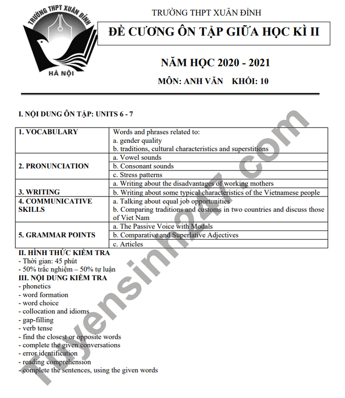 De cuong giua ki 2 mon Anh lop 10 THPT Xuan Dinh nam 2021