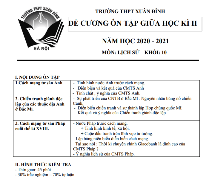 De cuong giua ki 2 THPT Xuan Dinh lop 10 mon Su nam 2021