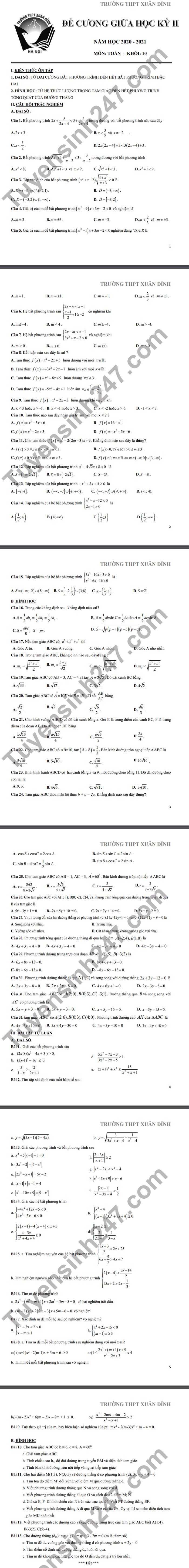De cuong giua ki 2 nam 2021 Toan lop 10 THPT Xuan Dinh