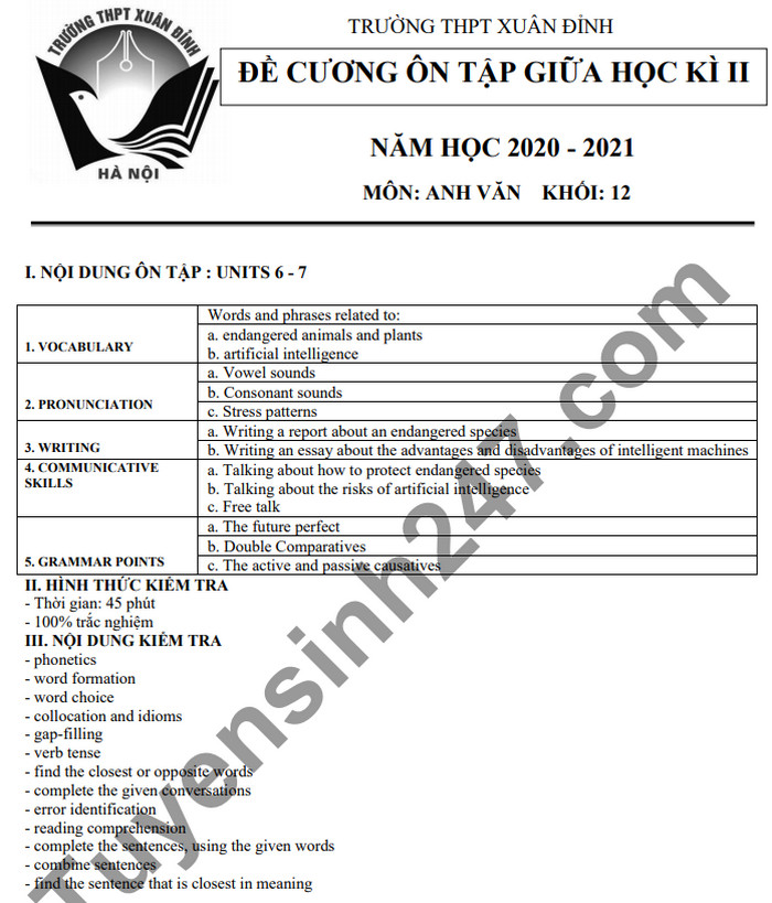 De cuong giua hoc ki 2 lop 12 mon Anh - THPT Xuan Dinh 2021