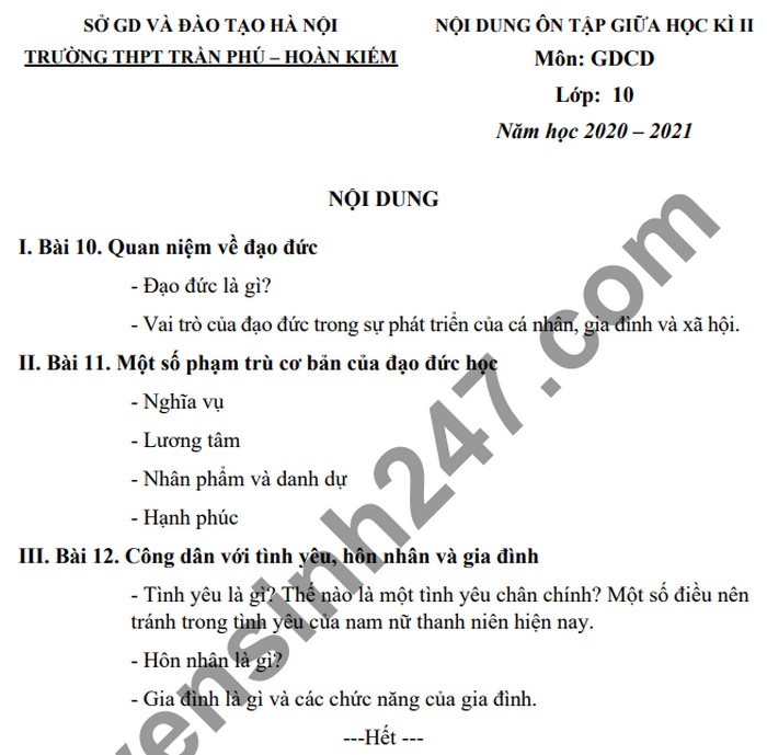 De cuong giua ki 2 lop 10 THPT Tran Phu-Hoan Kiem mon GDCD 2021