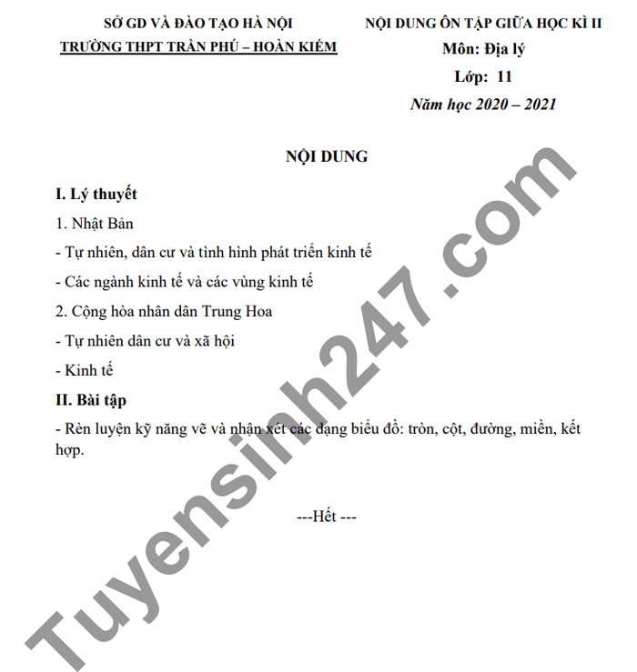 De cuong giua ki 2 Dia lop 11 2021 THPT Tran Phu-Hoan Kiem