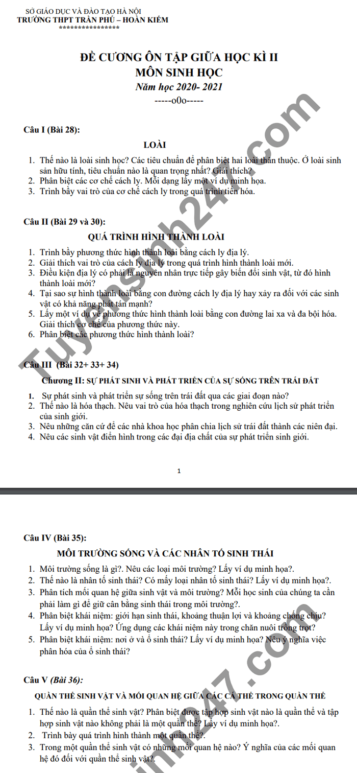 De cuong giua ki 2 mon Sinh lop 12 THPT Tran Phu-Hoan Kiem nam 2021
