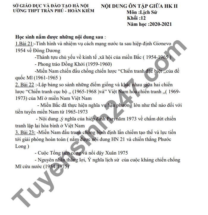 De cuong giua ki 2 Su lop 12 THPT Tran Phu-Hoan Kiem nam 2021