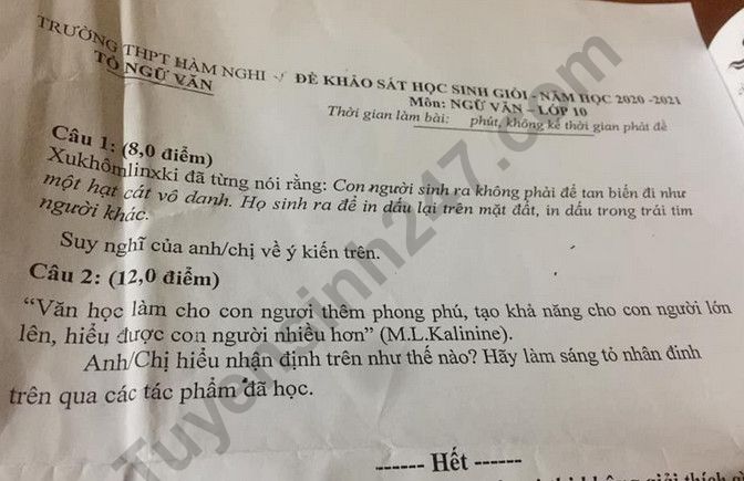 De khao sat hoc sinh gioi lop 10 mon Van 2021 - THPT Ham Nghi