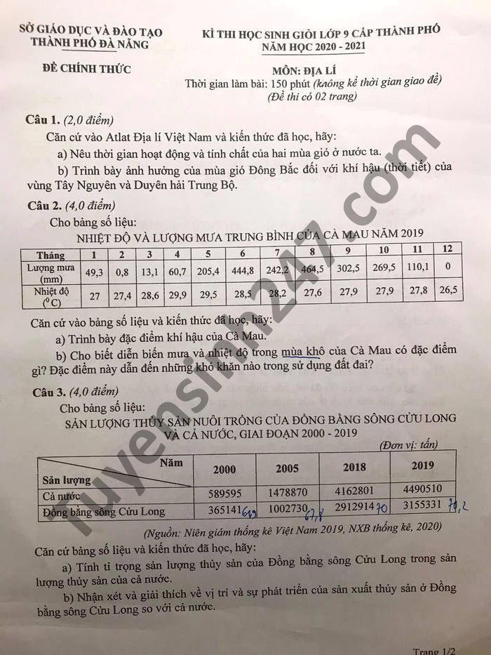 De thi hoc sinh gioi cap thanh pho 2021 Dia lop 9 TP Da Nang