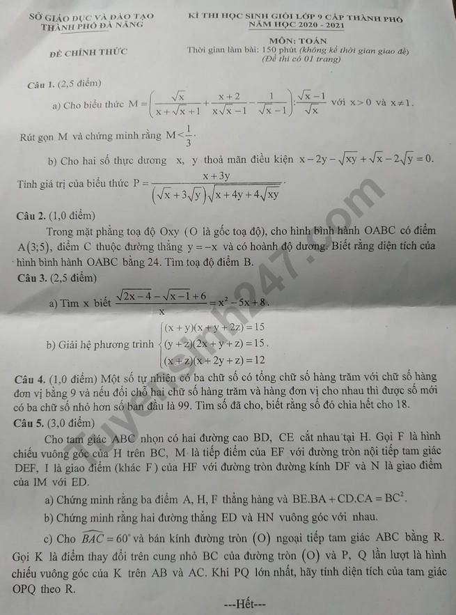 De thi hoc sinh gioi lop 9 cap TP mon Toan 2021 - Da Nang