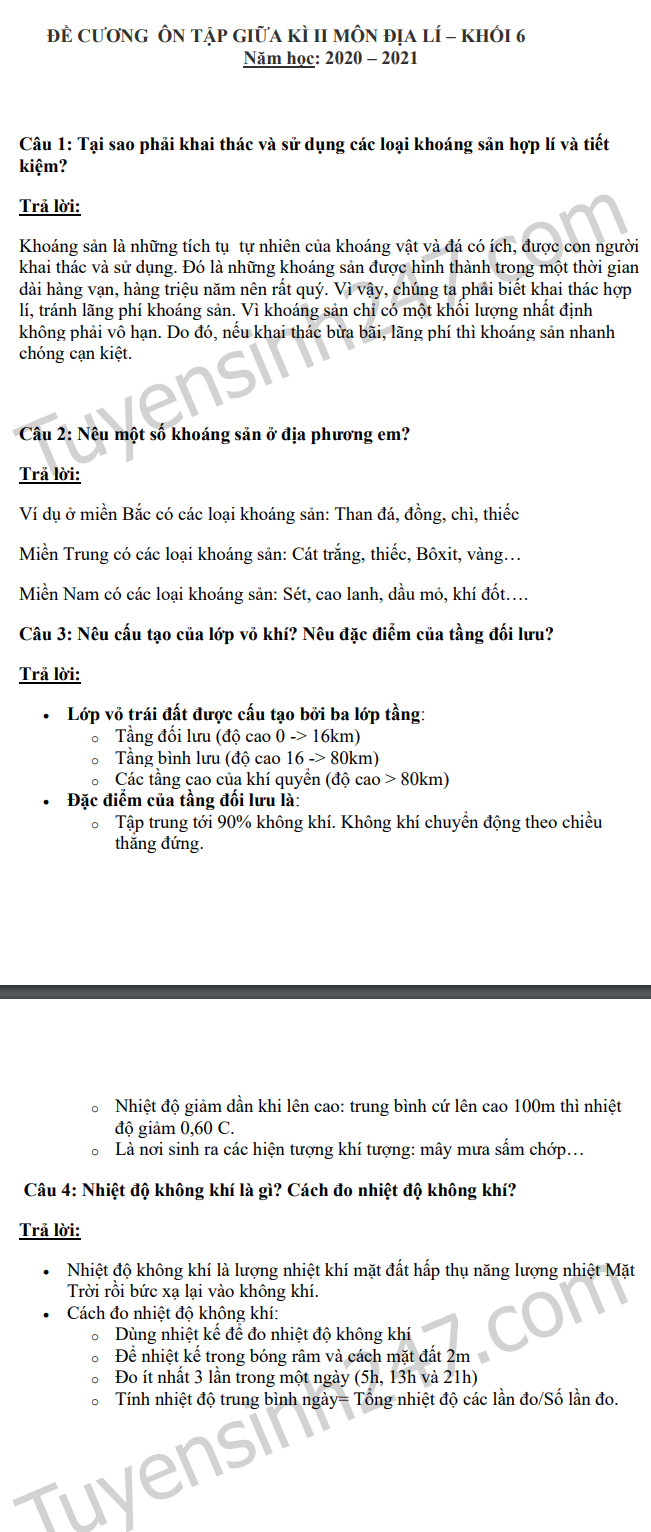De cuong on tap giua ki 2 mon Dia lop 6 - THCS Chu Van An 2021