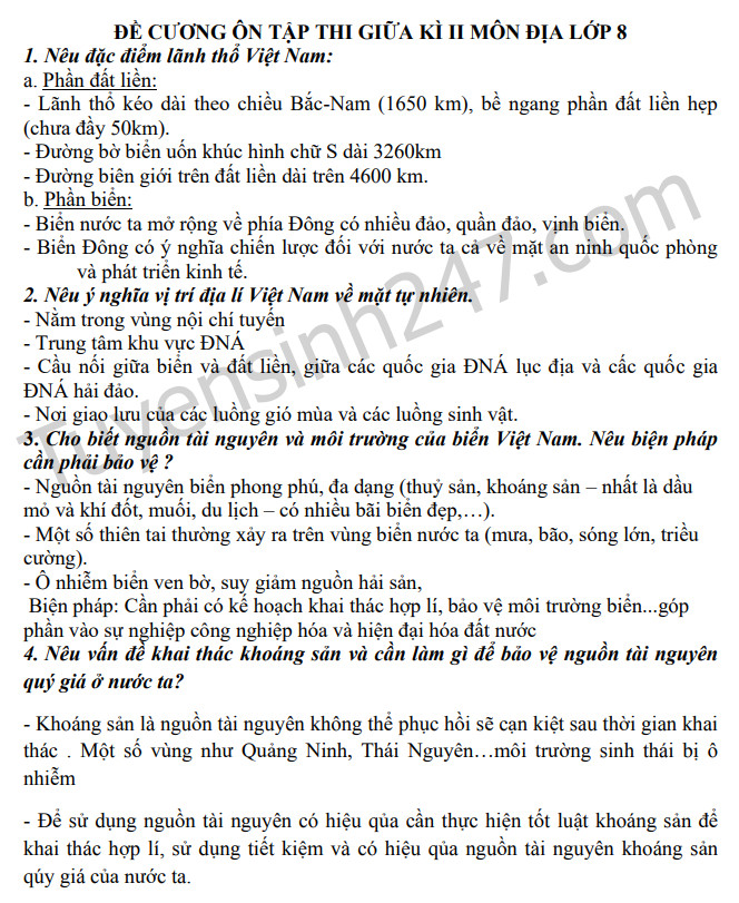 De cuong on tap giua ki 2 mon Dia lop 8 - THCS Chu Van An 2021