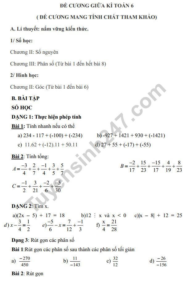 De cuong on tap giua ki 2 mon Toan lop 6 THCS Chu Van An 2021