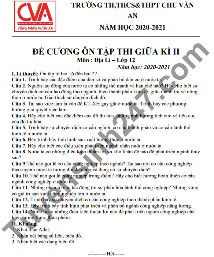 De cuong giua ki 2 mon Dia lop 12 TH,THCS&THPT Chu Van An 2021