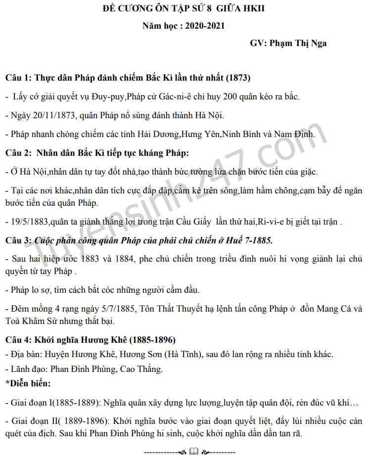 De cuong on tap giua ki 2 mon Su lop 8 THCS Chu Van An 2021